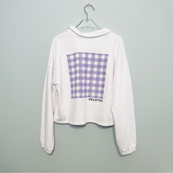 Peloton $68 Cropped Polo Sweatshirt White Purple Check Button Shirt Size Medium - Picture 4 of 8